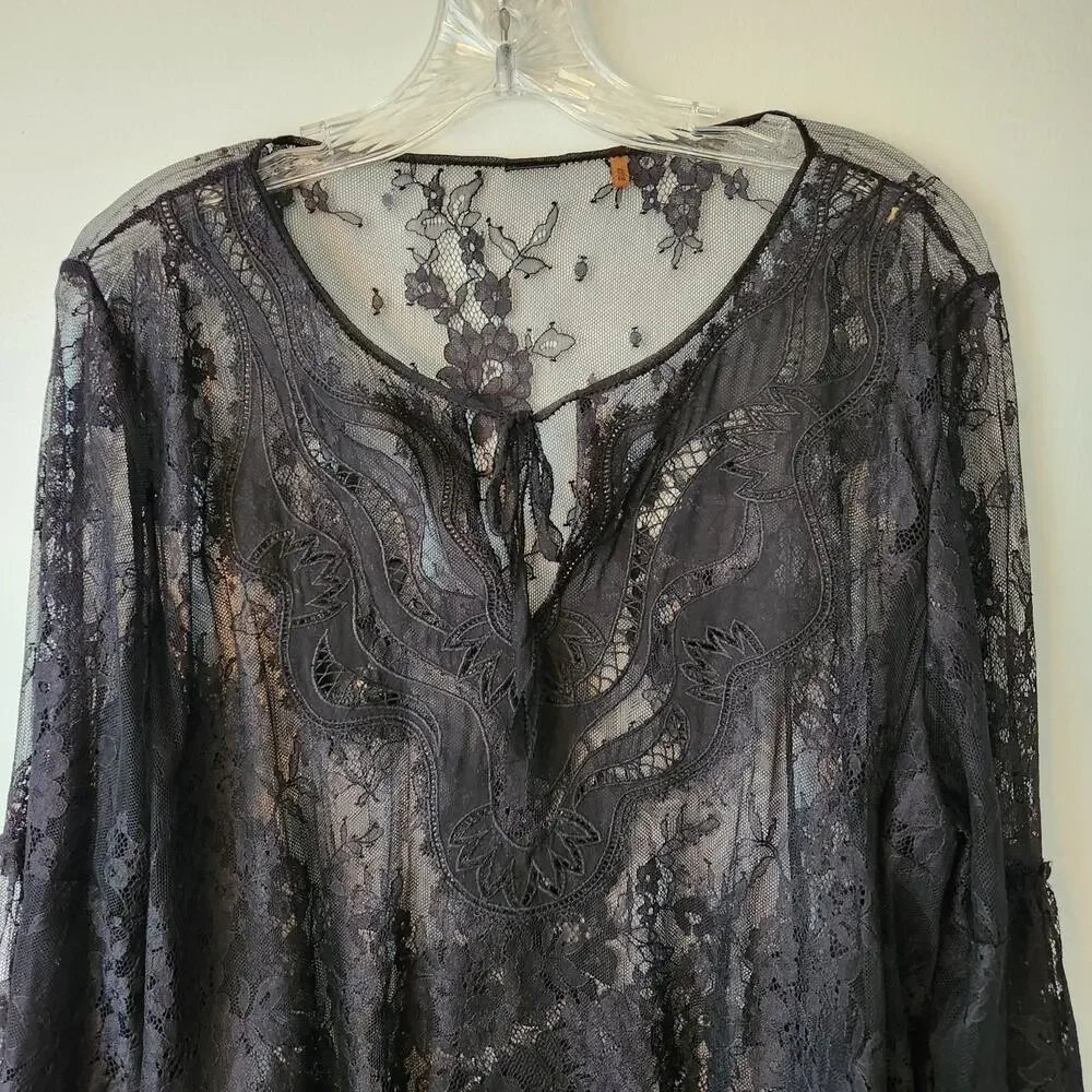 Womens Black Lace Whimsigoth Top XL Floral Flare Sleeve Fairygrung Festival Boho - Picture 2 of 13